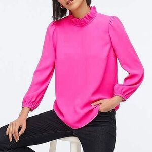 J. Crew-Long-Sleeve Ruffleneck Top 365 Crepe in Bright Pink-Size Large